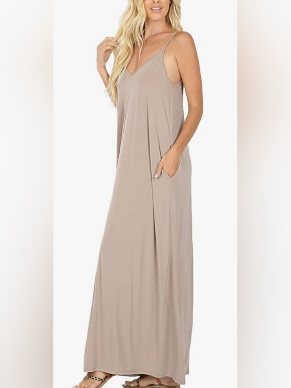 Zenana Sleeveless V-Neck Gauze Maxi Dress in Taupe New With Tags L
